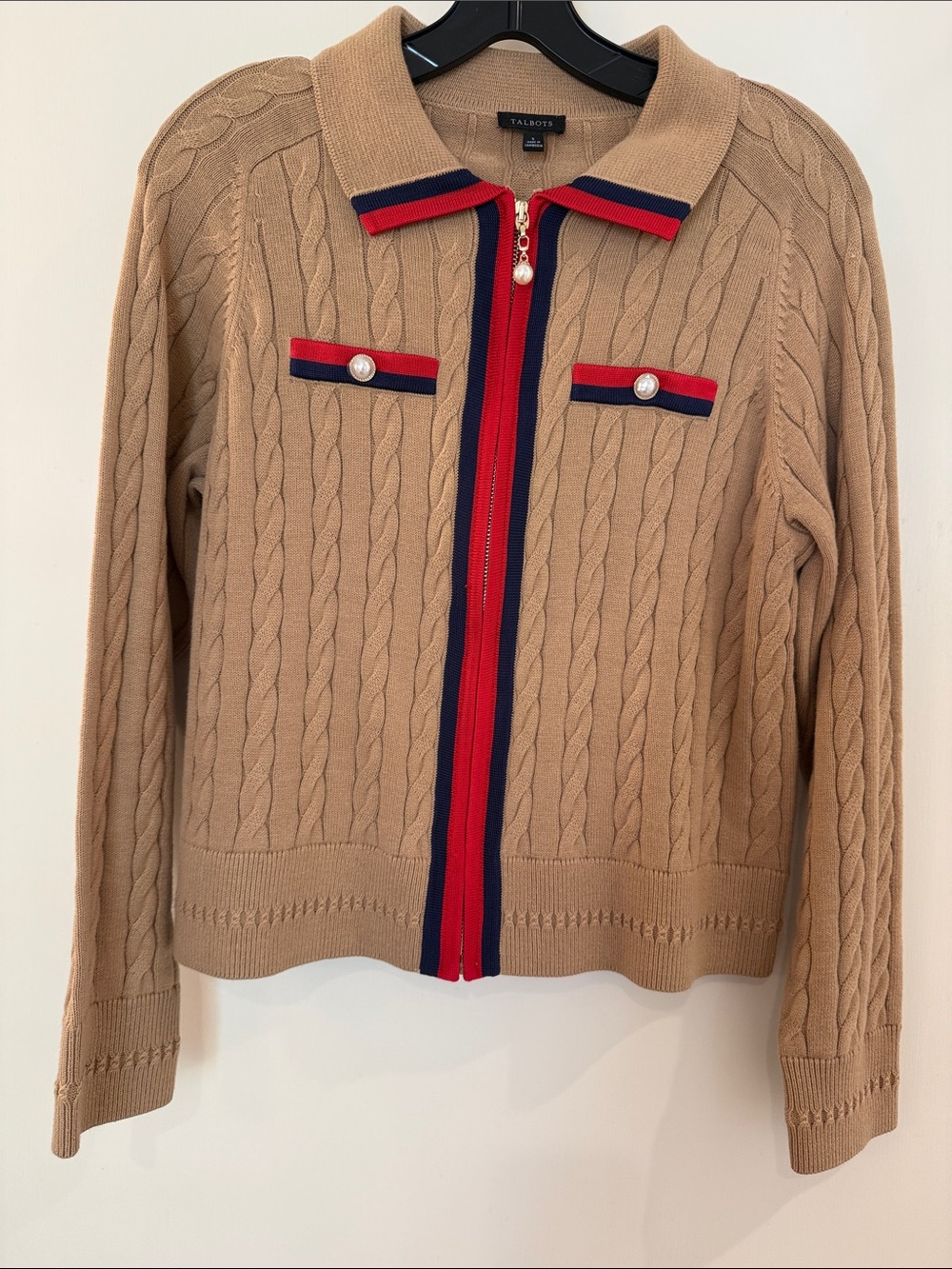 Talbots Camel Cable-Knit Zip Cardigan with Red & Navy Trim